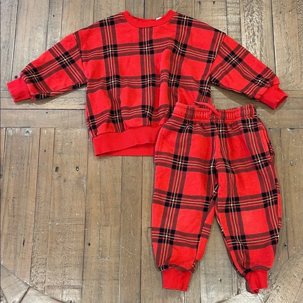 Mini Rodini Red Plaid checkered jogger set 18-36 months tartan sweatshirt pants